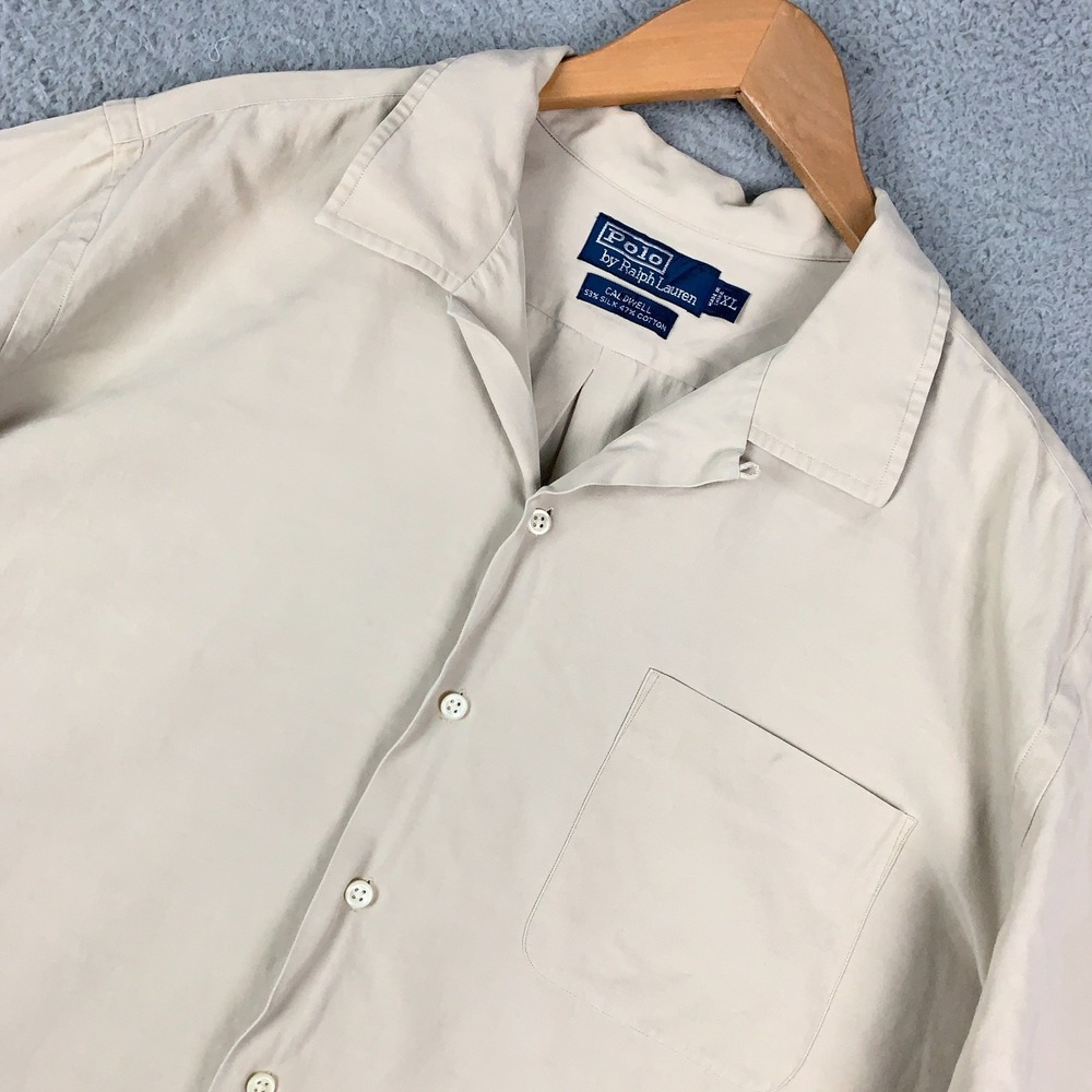 Polo Ralph Lauren Caldwell Shirt Mens XL Beige Silk Cotton Button Up Loop Collar